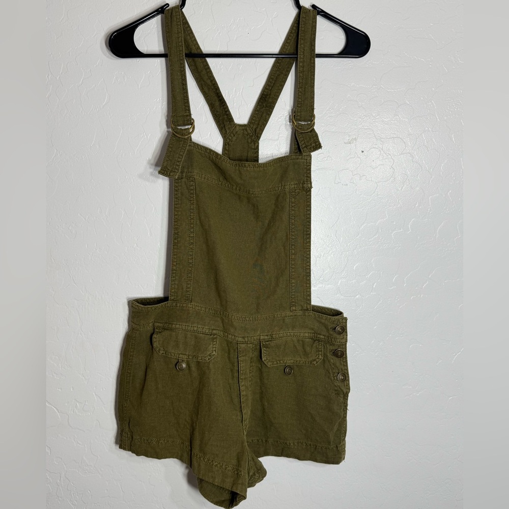Free People Linen Blend Olive Utility Short Overalls XS Adjustable Straps - Picture 1 of 9
